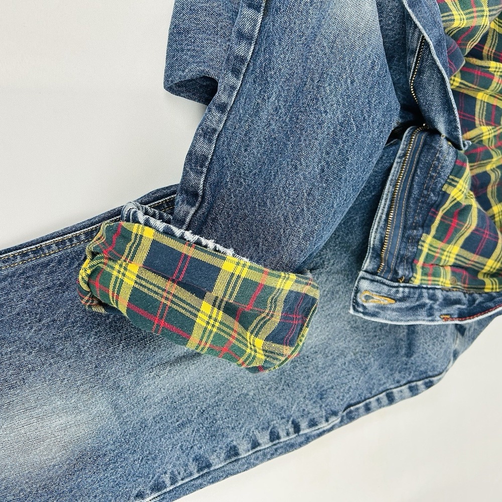 Lands' End Mens Flannel Lined Jeans Plaid Yellow Blue 35 x 31 Straight Leg